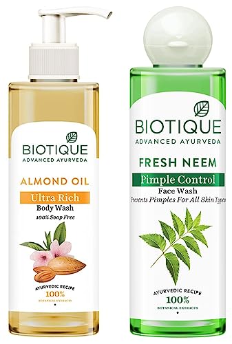 Image of Biotique Bio Neem Purifying Face Wash, 200 ml & Almond Oil Ultra Rich Body Wash, Botanical Extracts, 200 ml