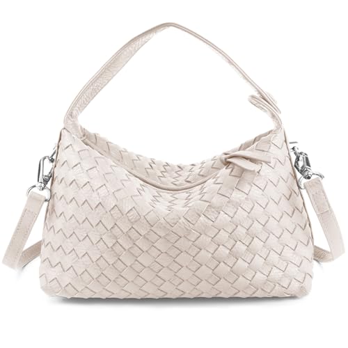 KaloKalo Small Woven Handbag Women Top-Handle Hobo Bag Purse Vegan Leather Luxurious Soft Casual Classic Fashion Shoulder Crossbody Tote Bags with Adjustable Strap Romantic Gift for Her (Ivory White)