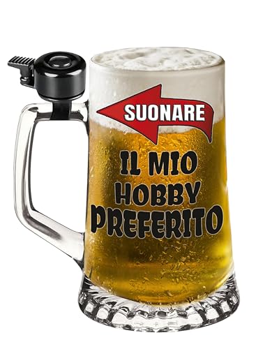 Boccale da Birra in vetro con Campanello – Stampa Colorata “Suonare è il mio hobby preferito” – Idea Regalo Divertente per Amici, Feste, Compleanni
