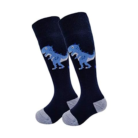 HIGHCAMP 2 Pairs Toddlers Merino Wool Winter Snow Socks Over-the-Calf Kids Boy Girl Ski Snowboard Sock,Dino XS Cover