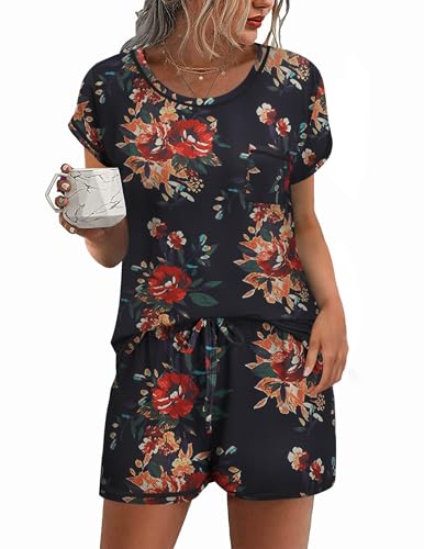 Image of Ekouaer Womens Pajama Sets 2 Piece Soft Short Sleeve Top and Shorts Sleepwear Round Neck Pjs Lounge Set with Pockets Black Big Flowers Large