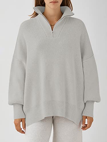 Image of ANRABESS Womens Oversized Quarter Zip Pullover Sweaters | Fall Fashion Outfits, Long Sleeve Slit Side, Baggy Loose Fit, 1 /4 Zip Lapel Collared, Ribbed Knit Soft Warm Winter Clothing