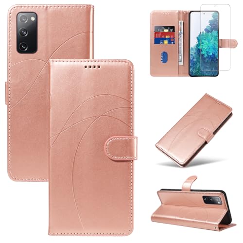 Reshias Cover per Samsung Galaxy S20 Fe 4G / 5G con 1 Pezzo Vetro Temperato Pellicola Protettiva, Pelle PU e Flip Custodia, Funzione Supporto e Portafoglio Caso (Oro Rosa)
