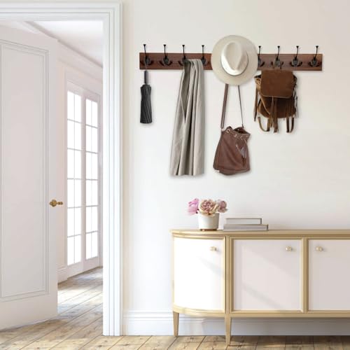 Image of IBosins 34'' Coat Rack Wall Mount with 10 Decorative Tri-Hooks, Heavy Duty Wood Coat Hanger, Rustic Coat Hooks Rail for Entryway Living Room Coat Scarf Bag Towel Hat