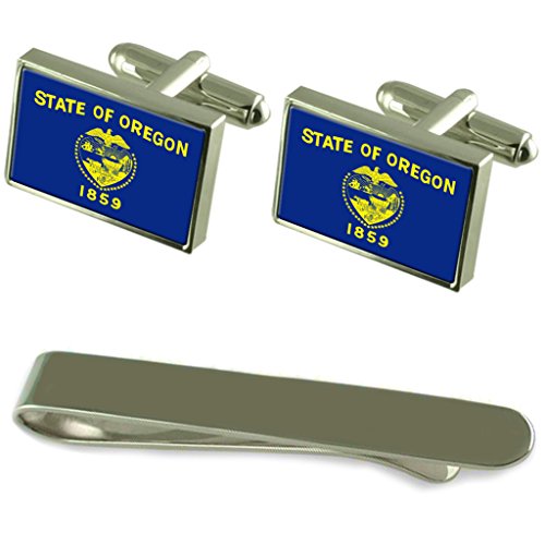 Gemelos de la bandera de Oregon y clip de corbata en set de plata con estuche