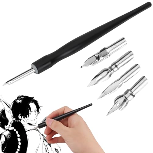 JSMTKJ Kit de Calligraphie - Porte-Plume avec 1 Porte-Stylos Dip et 5 Plumes pour Dessin, Croquis, Cartographie - Ensemble à l'Encre