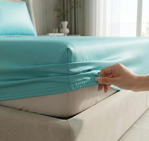 Image of SanMarino Luxury Satin 360 Fitted King Size Bedsheet with 2 Pillow Covers | 300 TC Silky Smooth Satin Bed Sheet | Wrinkle-Resistant Deep Pocket Elasticated Bedsheet | 78 x 72 + 10 Inches (Aqua Blue)