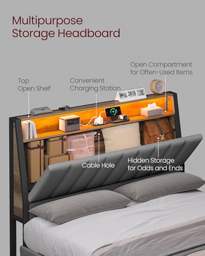 VASAGLE LED Bed Frame Full Size, Storage Headboard and Charging Station, Full Bed Frame with 2 AC Outlets, 1 USB Port, 1 Type-C Port, No Box Spring Needed, Dove Gray and Camel Brown URMB842G01