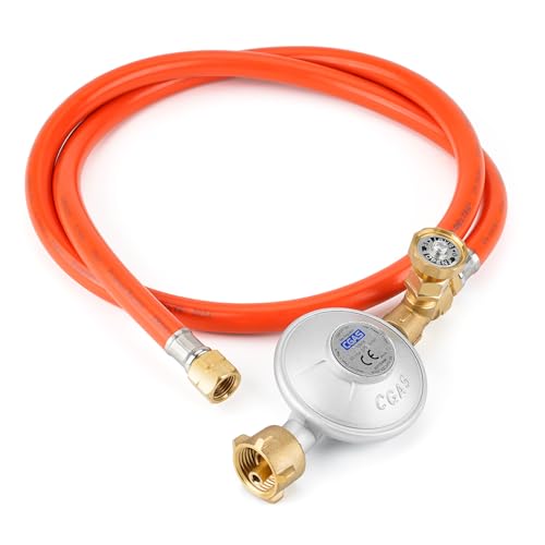 onlyfire Gasdruckregler für Gasflaschen Ausgangsgewinde G1/4-LH 50mbar Gasregler Druckminderer für Camping Gasgrill Gasdruckminderer mit Verstellbarem Schalter und Gasschlauch 120cm