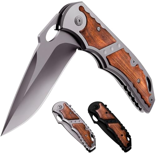 Grand Way Spring Assisted Knife - 5Cr15MoV Sharp Folding Blade - Pocket Knife with Wood Handle - Best Durable Tool for EDC Camping Survival Work - Mens Gifts Idea for Dad Husband Boyfriend 97010