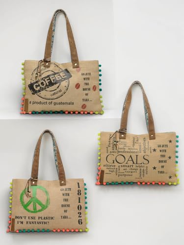 Image of The House of tara Jute Tote Handbag | Brown Beige Printed Shoulder Bag | Tassel Embellished | Magnetic Closure | Zipper Compartment | Casual Bag for College, Office & Daily Use | For Women