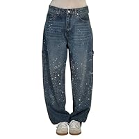 Generico Jeans Donna Brillantini Regular Hosen Elasticizzati Hose Denim Pantalone Casual Trousers con Tasche Jeans Larghi LeggeriRagazza Teenager Jeggings Oversize Pants Lunghi Allentato Streetwear