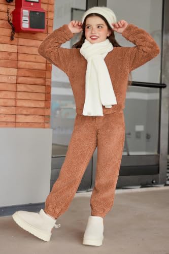 Image of Arshiner Girls 2 Piece Outfits Sweatsuit Fuzzy Long Sleeve Bear Ear Hoodie Sweatshirt and Sweatpant Kids Clothing Sets
