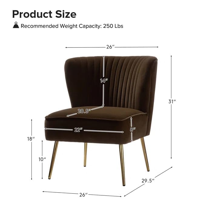 Image of Modern Upholstered Accent Velvet Chair Single Seater Channel Tufted Wing Back Chair with Golden Matel Legs for Living Room, Bedroom, Dining Room, Brown