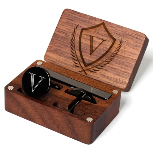Image of Mens Initial Cufflinks and Tie Clip A-Z Alphabet Letter Black Stainless Cuff Links Tie Bar with Engraved Walnut Wood Box Groom Groomsman Wedding Set