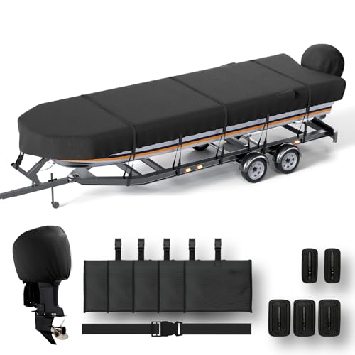 NOOKAT Jon Boat Cover 14ft with Motor Cover 1200D Heavy Duty Marine Grade Polyester Fabric Waterproof UV Resistant Mooring Boat Cover with Mooring Sand Bag Black