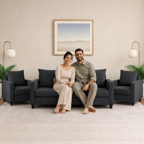 Image of Wood 3+1+1 Sofa Set 5 Seater | Velvet Fabric Upholstery | Wooden Frame Sofa Set with 3 Seater & 2 Single Chairs for Living Room, Home & Office (Dark Grey)
