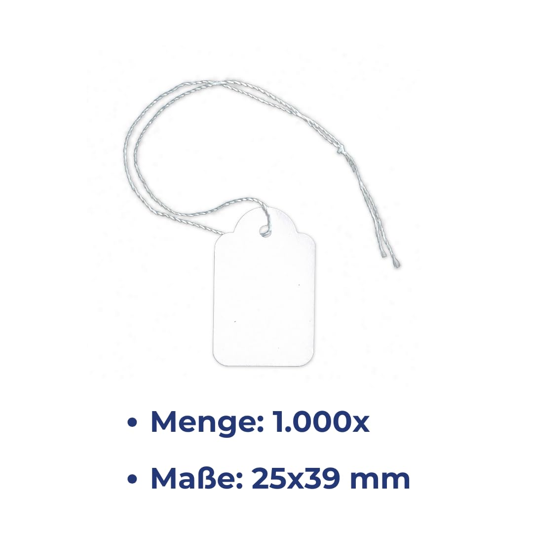 POKORNYS - 1.000 blanko Preisetiketten mit Faden (25 x 39 mm) weiß I Etiketten zum Beschriften I Preisschilder aus Karton mit Baumwollfaden I Anhänger, Hängeetikett, Geschenkanhänger für Kleidung uvm.