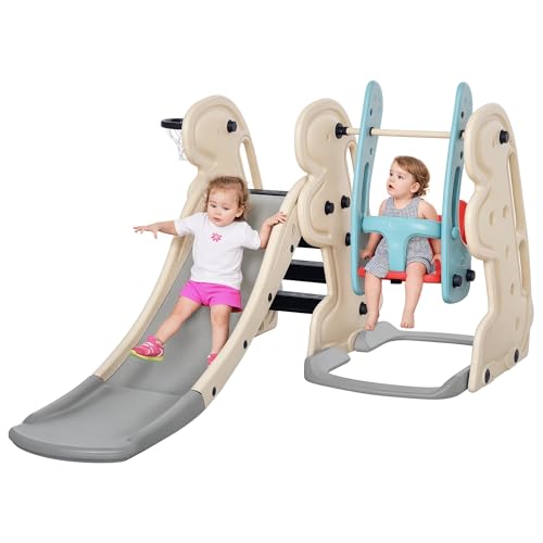 HOMCOM 3-in-1 Kinderrutsche Kinder Rutsche mit Basketballkorb, Schaukel, Leiter Spielzeug Slide Gartenrutsche Babyrutsch für 18-48 Monate HDPE Weiß+Blau+Grau 220 x 160 x 120 cm