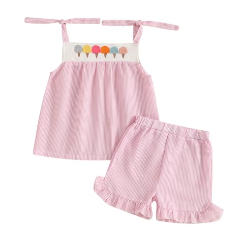 Toddler Girl Summer Outfit Ice Cream Embroidered Striped Sleeveless Smocked Tops Ruffled Gingham Shorts