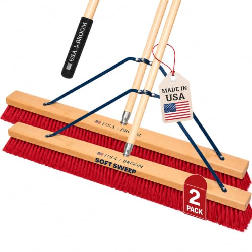 Image of 2-Pack - 36 inch Soft /Fine Sweep Indoor Push Broom with 60 inch Handle. Ideal for Epoxy & Polished Floors. Durable American Made Steel Brackets-All Stainless Steel Hardware. No Plastic. 100% USA Made