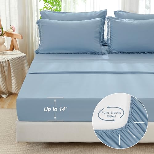 Image of Andency Full Size Comforter Set Grayish Blue -7 Pieces Boho Tassel Bed in a Bag Soft Lightweight Bedding Sets, All Season Fringe Bed Set with Comforter, Sheets, Pillowcases & Shams
