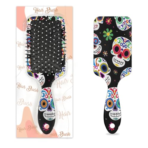 Cepillo para desenredar el cabello para mujeres y hombres, cepillo flexible de cerdas suaves (estampado de calavera)