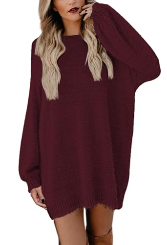 Pink Queen Damen Mini Pulloverkleid Rundhals Pullover Übergroßer Puffärmel Langarm Pelziger Strick-Minikleid Rubin M