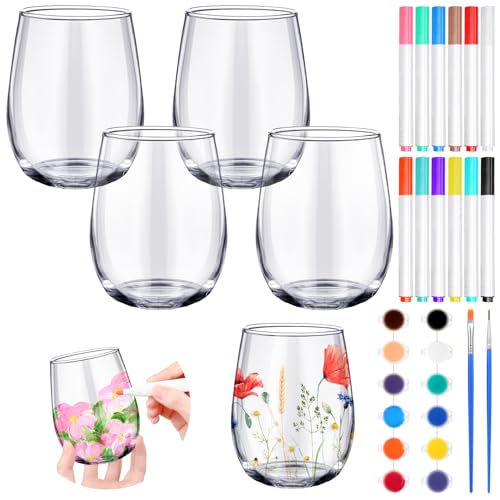 Pickmesh 4 Set Paint Your Own Glasses Kit for Adults 15 oz Wine Glass 12 Pcs DIY Markers 12 Colors Acrylic Paint with Brushes to Design Your Own Wine Glasses Gifts(Stemless)