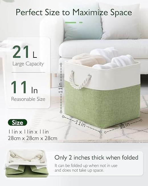 11x11 Cube Storage Bins, 6 Pack Foldable Fabric Organizer Bins with Rope Handles, Storage Cubes for Organizing Bedroom, Living Room, Clothes and Toys, Shelves and Closet (White & Green)