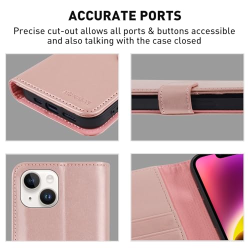 Image of MONASAY Vegan Leather Fit for iPhone-14 /13 5G Wallet Case, 6.1-inch, [Glass Screen Protector Included] [RFID Blocking] Flip Folio Phone Cover with Credit Card Holder,Rosegold