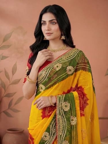 Image of SIRIL Women's Bandhani Printed Embroidery Georgette Saree with Unstitched Blouse Piece