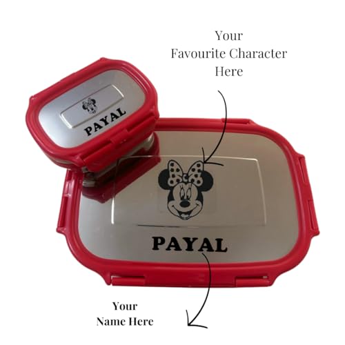 Image of Ncgifts Personalized Customized Lunch Box | Name and Character Engraved | Stainless Steel Insulated Tiffin with Bottle | Perfect for School, Birthday Gifts. (Red)