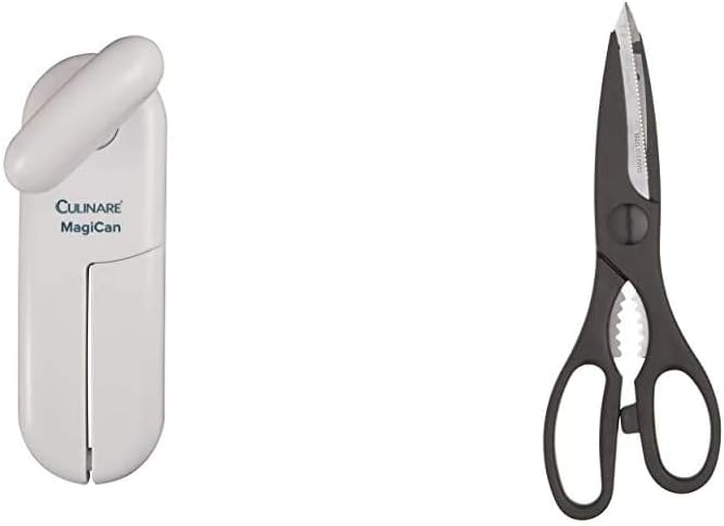 Culinare MagiCan Opener, White & KitchenCraft Kitchen Scissors / Bottle Opener, Stainless Steel, 21 cm
