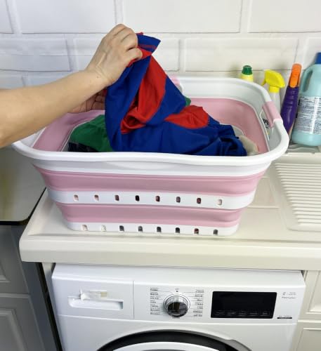 Image of SAMMART 42L (11 gallon) Collapsible Plastic Laundry Basket - Foldable Pop Up Storage Container /Organizer - Space Saving Hamper /Basket (1, Wt /Cherry Pink)