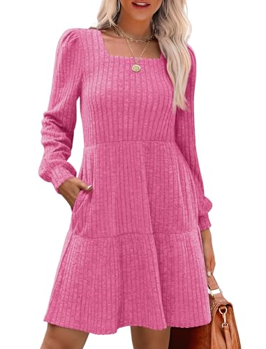 Image of Sampeel Womens Square Neck Long Sleeve Fall Dresses Casual Babydoll Sweater Dress
