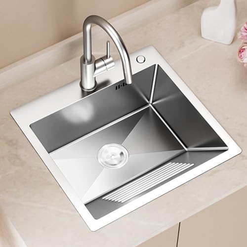 Fregadero Acero Inoxidable 304 con Tabla de Lavar, Pila Lavadero Rectangular con Rebosadero y Orificio para Grifo para Lavandería, Balcón, Cocina(50x48cm/19.7x18.9in)