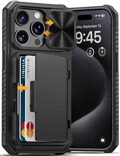 Image of Vihibii for iPhone 15 Pro Case with Card Holder (4 Cards) & Slide Camera Cover & Kickstand, Shockproof Rugged Hard Back & TPU Soft Edge Wallet Back Cover for iPhone 15 Pro 5G 6.1 inch 2023, Black