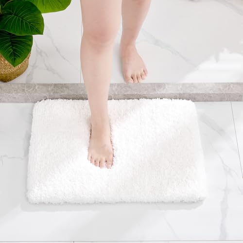 Small Bathroom Rugs 17x24 Non Slip White Fluffy Bath Mat for Bathroom Floor Machine Washable Plush Luxury Bath Rug for Tub Soft Shaggy Absorbent Shower Mat