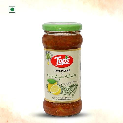 Image of TOPS Olive Oil Lime Pickle - 370 gm Glass Jar | Perfect blend of select seasonal vegetables in extra virgin olive oil and aromatic spices