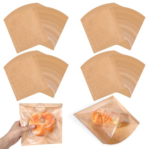 200Pcs Bakery Bags with Window, 7.5 x 7.9inch Paper Bread Cookie Bags Heat-Sealable KraftPaper Donut Bag To Go with 200pcs Stickers for Treat, Snack, Cookie Waffle Cake Packaging