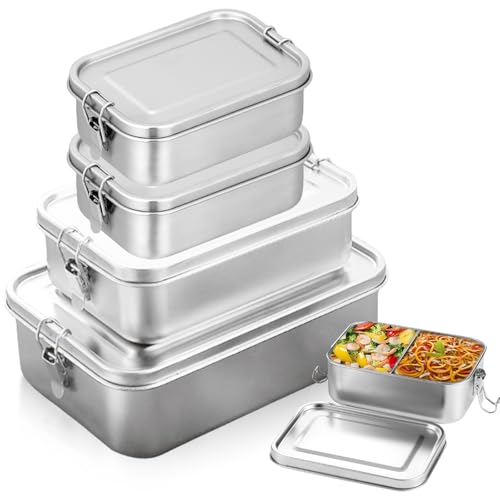 GOMETY 4er Pack Brotdose Edelstahl, Lunchbox Edelstahl 304 mit 1400/850/550/550ml, Auslaufsichere Bento Box mit Dichtungsring und Trennwand, Stapelbare...
