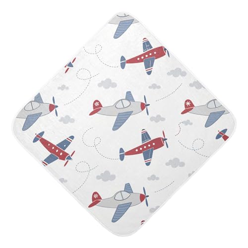 Image of Burbuja Cartoon Airplane Baby Bath Towel - Soft Absorbent Muslin Cotton Hooded Towel for Newborn Infant Toddler, 35x35 in