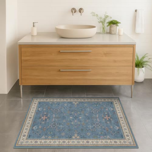 Image of Blue 2x3 Washable Rug for Entryway Indoor, Kitchen Floor Waterproof, Bathroom, Powder Room, Non Slip Low Pile Stain & Fade Resistant, Modern Eclectic Floral Decor