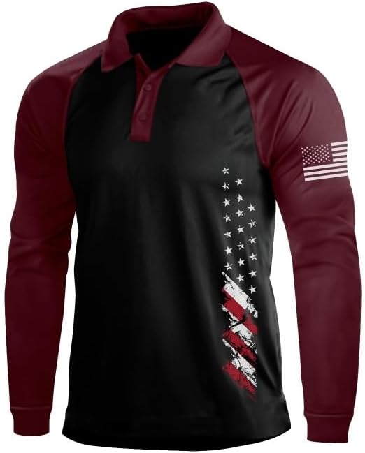 BlackTeak Men's Patriotic Long Sleeve Polo Shirt Patriotic Casual American Flag Graphic Golf Polo Shirts