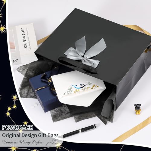 Image of 13 inch Black Bags with Handles, Birthday Gift Bag Set - 2 Gift Bag with Bow, 4 Tissues & Greeting Card for Men Women,Gift Bags Medium size(2 PCS Black Glossy)