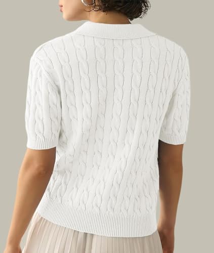 Image of Women's Cable Short Sleeve Sweaters Summer Casual Solid Lapel V Neck Knit Pullover Tops