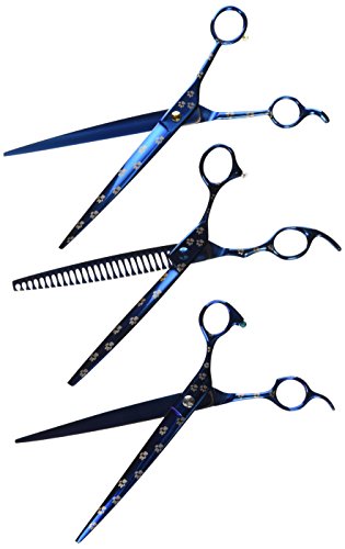 Shearsdirect 3-Piece Straight And Curved Plus Blue Titanium With Paw Prints #TOP2