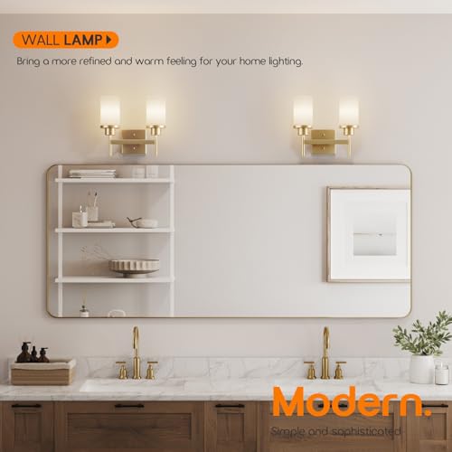 Image of Vanity Lighting Fixtures with White Frosted Glass Shade, Double Wall Lamps for Bathroom Mirror Bedroom Living Room Washroom Porch, Gold T001GD-L2