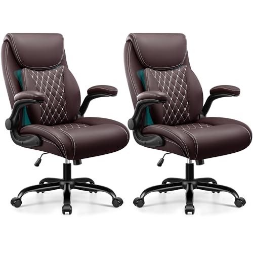 Image of Office Desk Chair, Ergonomic Lumbar Support for Lower Back Pain | Executive Leather Home Chair Comfy with Padded Flip-up Armrests, Coffee, 2-Pack
